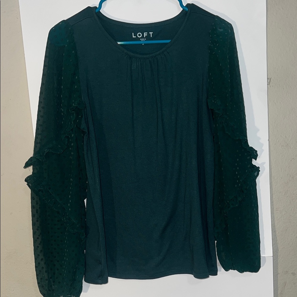 LOFT Deep Green Blouse with Textured Sleeves